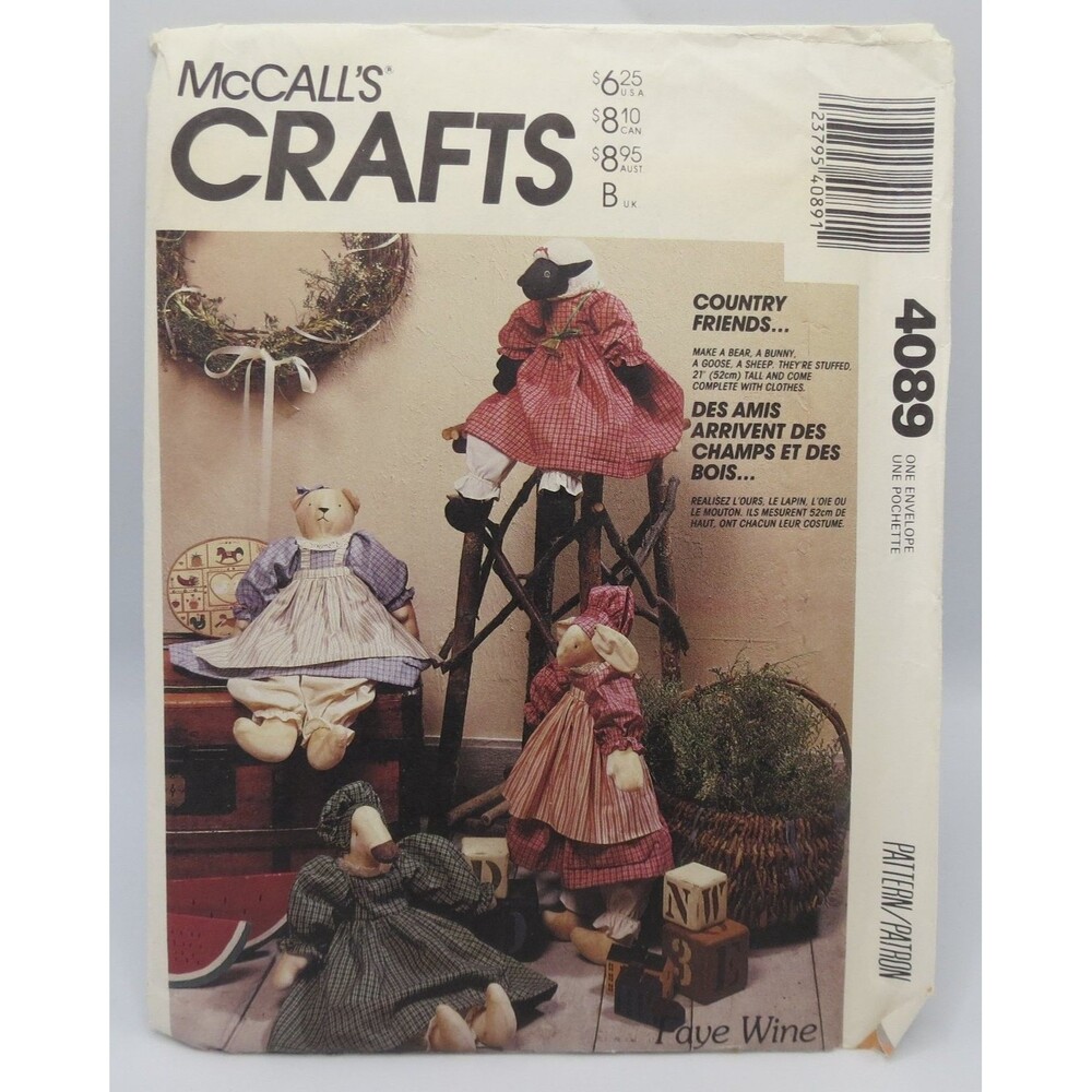 McCall's Crafts 4089 Stuffed Animal Dolls & Clothes 20" Country Friends 1989